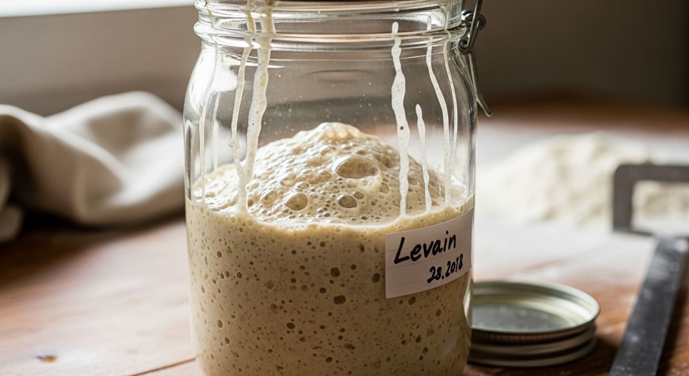 Pão de fermentação natural cortado ao meio mostrando miolo aerado e casca crocante dourada