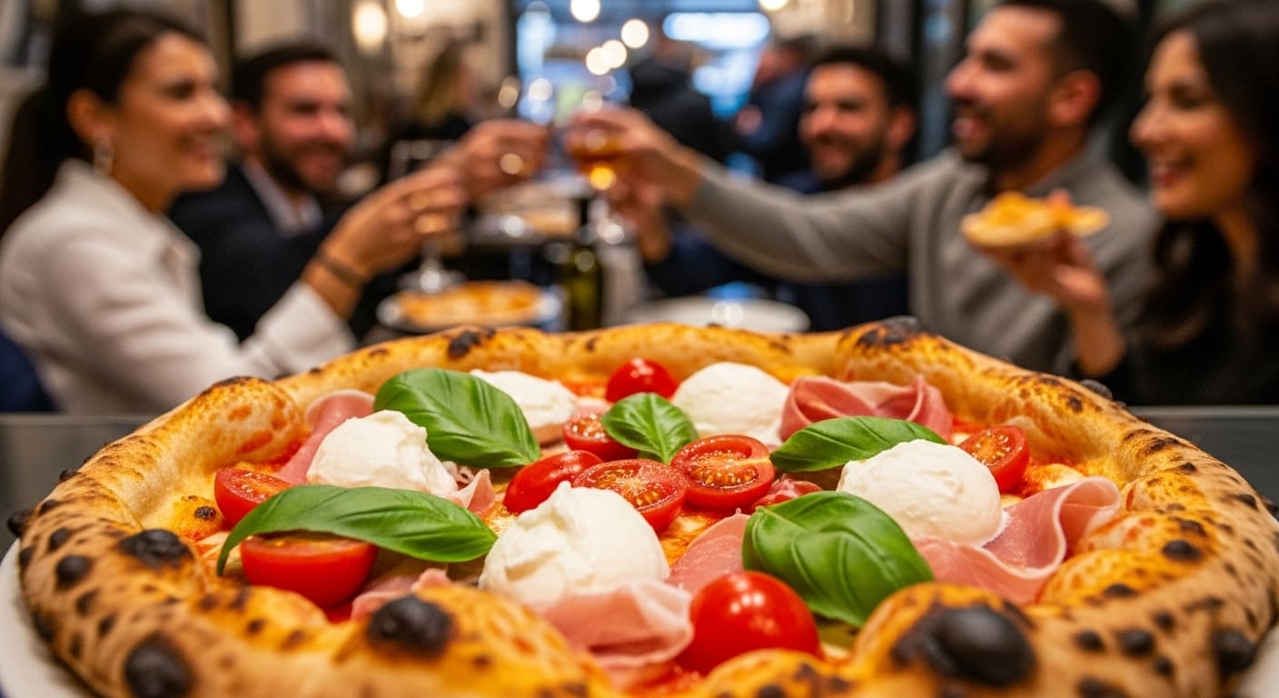 Close-up de massa crocante de pizza artesanal com borda aerada e fundo dourado mostrando textura perfeita