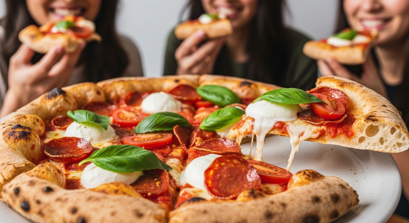 Pizza gourmet com ingredientes frescos como manjericão, tomate e queijo de búfala mostrando checklist pizza de qualidade