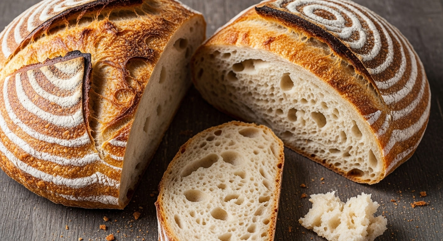Pão de fermentação natural assando dentro de panela de ferro em forno doméstico