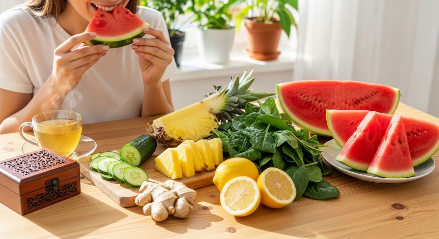 Pepino fresco fatiado em rodelas com gotas de água, alimento rico em água para hidratação e desintoxicação natural do corpo