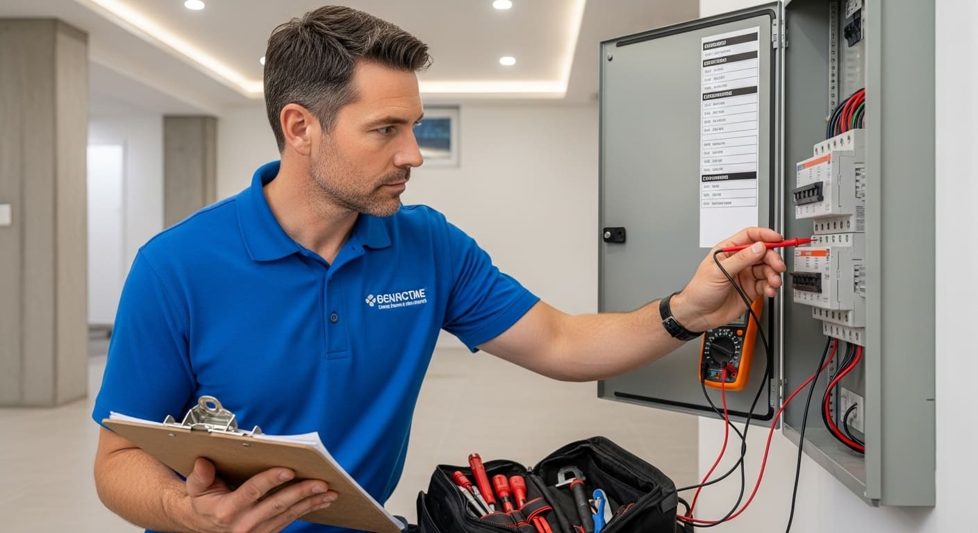 Eletricista profissional com checklist inspecionando painel elétrico, representando a escolha certa ao contratar eletricista com segurança.